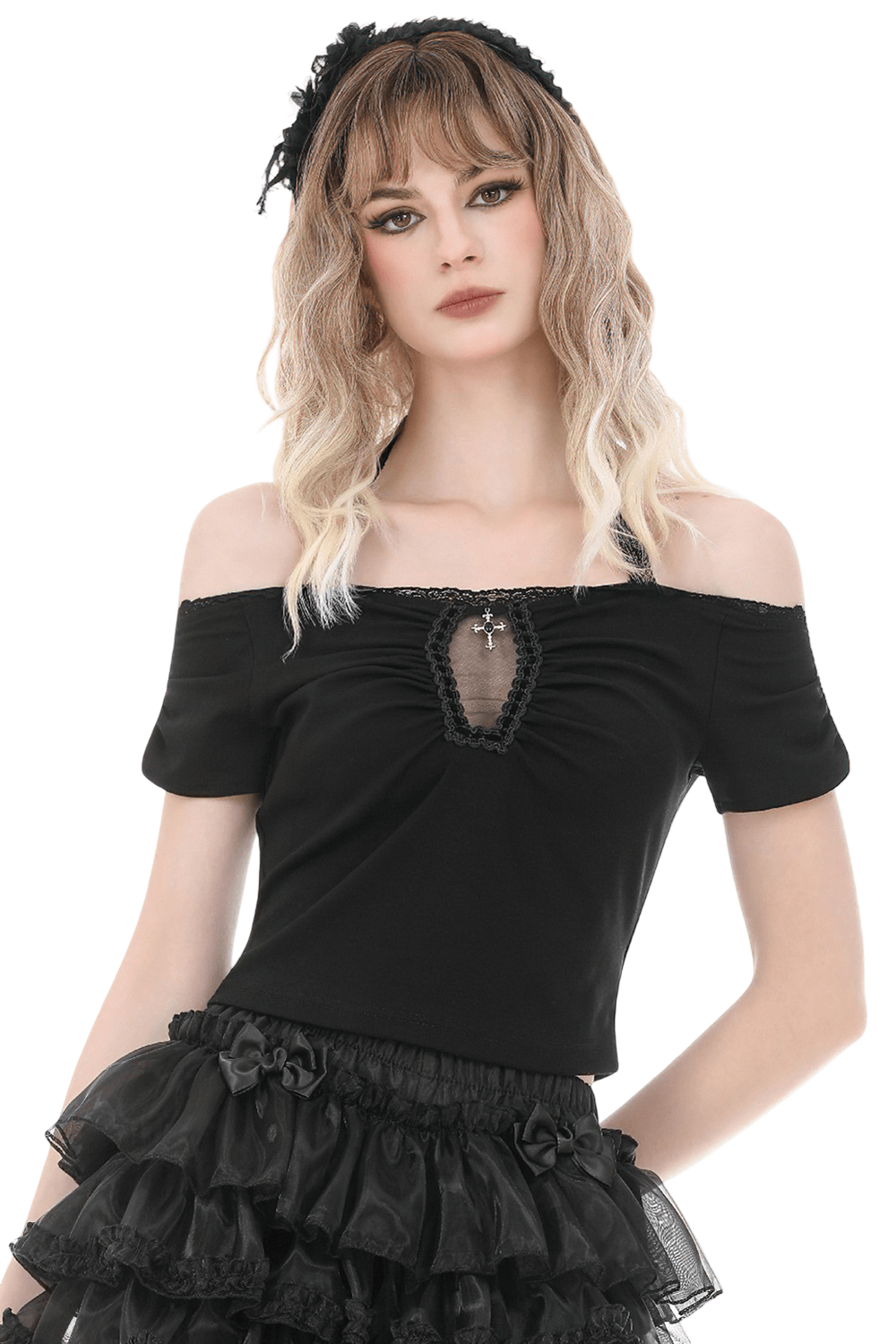 Chic Gothic Lace Halter Off Shoulder Crop Top with Charm showcased on a model with wavy hair.