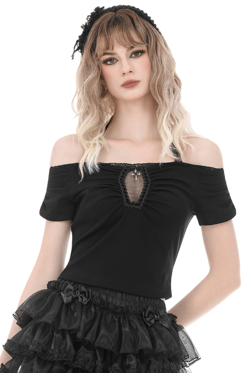 Schickes gotisches Spitzenhalter-Off-Shoulder-Crop-Top mit Anhänger