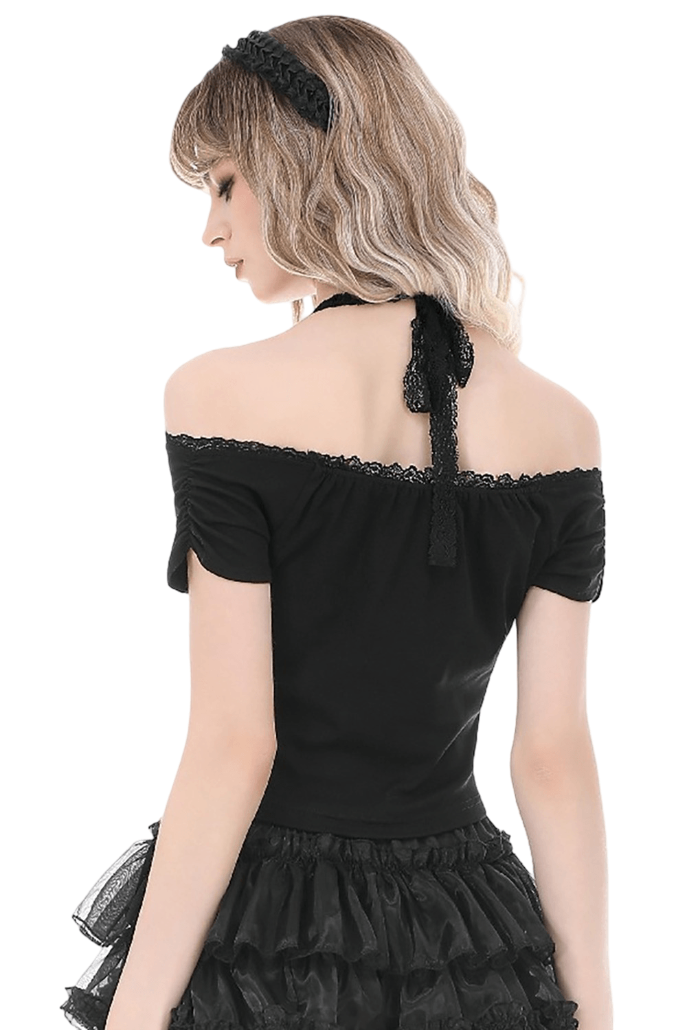Chic Gothic Lace Halter Off Shoulder Crop Top with Charm shown from the back with lace tie detail.