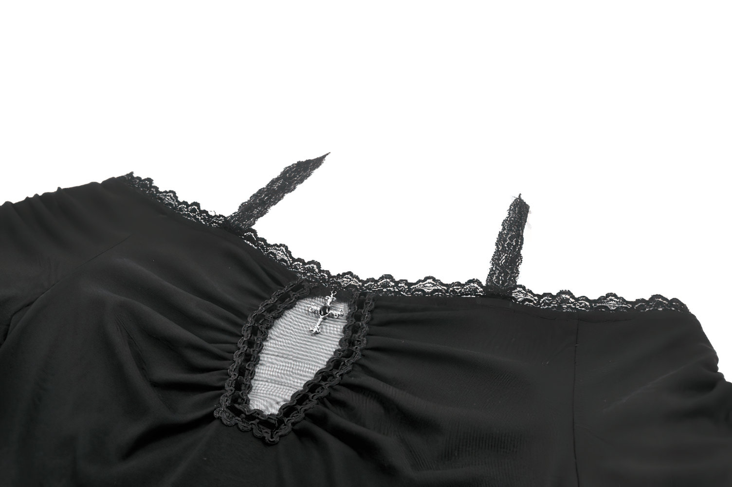Chic Gothic Lace Halter Off Shoulder Crop Top with Charm featuring scalloped lace trim and cross charm detail.