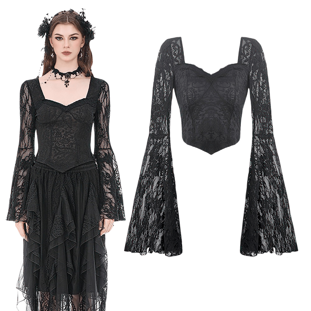 Top de encaje gótico chic con mangas acampanadas dramáticas