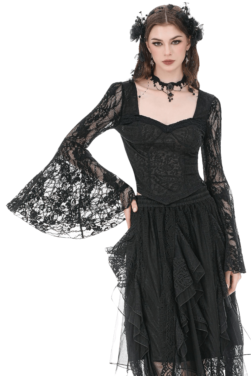 Top de encaje gótico chic con mangas acampanadas dramáticas