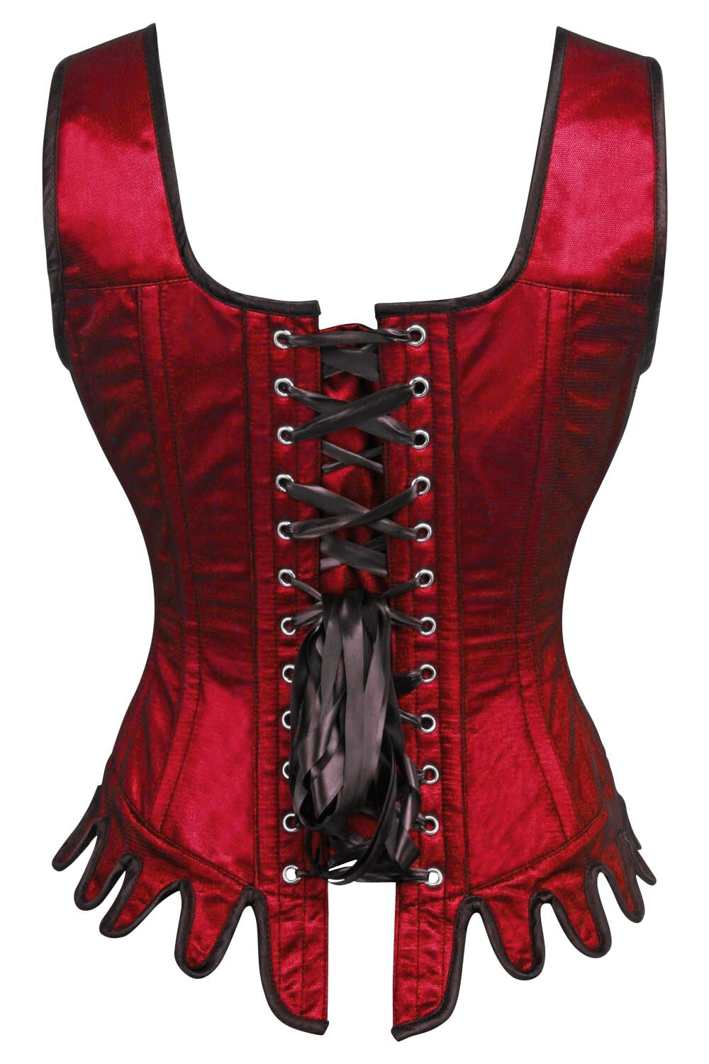 Alt Tag: Chic Gothic Overbust Corset with Shoulder Ties and Clasps wine red satin overbust corset with black lace-up front and scalloped hem