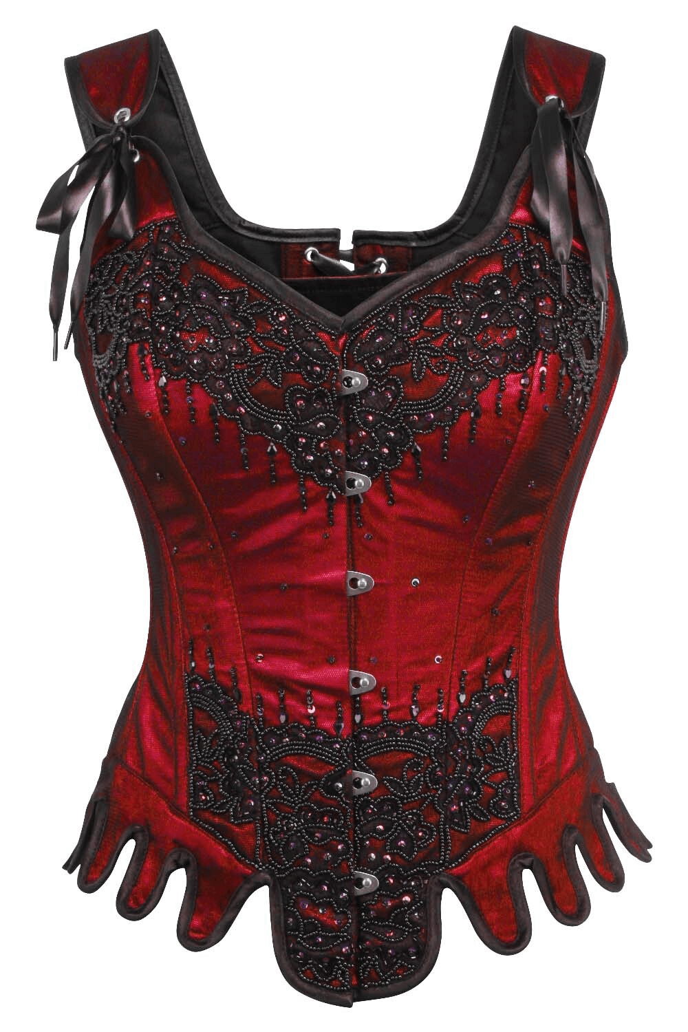 Alt Tag: Chic Gothic Overbust Corset with Shoulder Ties and Clasps wine red satin overbust corset with black lace applique, front clasps