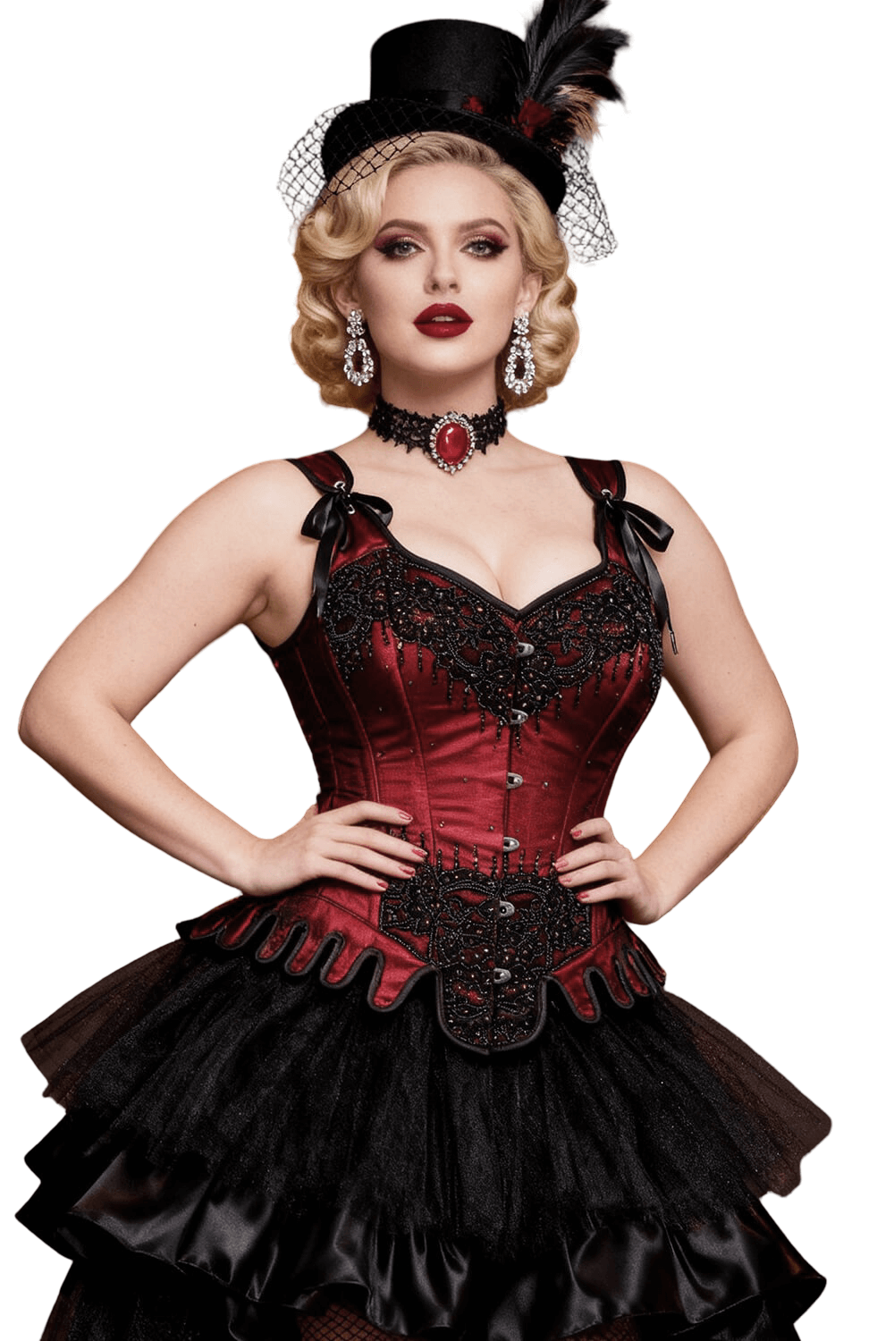 Alt Tag: Chic Gothic Overbust Corset with Shoulder Ties and Clasps in wine red lace, steel-boned corset dress with black tulle skirt
