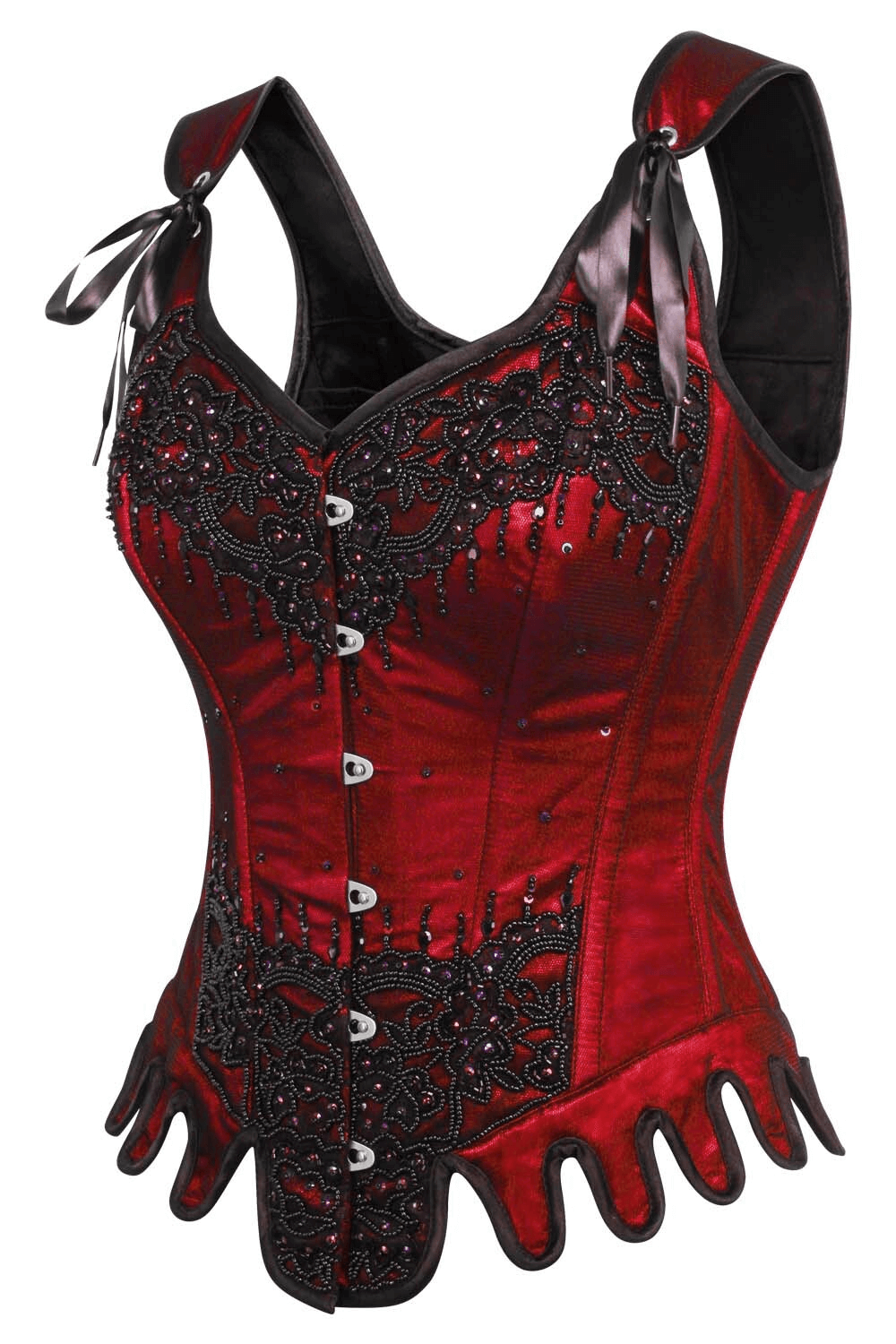 Alt Tag: Chic Gothic Overbust Corset with Shoulder Ties and Clasps in wine red satin, black lace applique, bead accents, front busk
