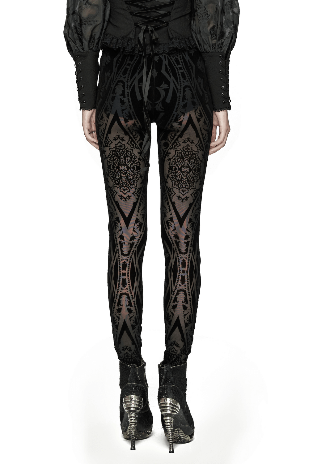 Schicke, gotisch gemusterte Mesh-Leggings und beflockte Details