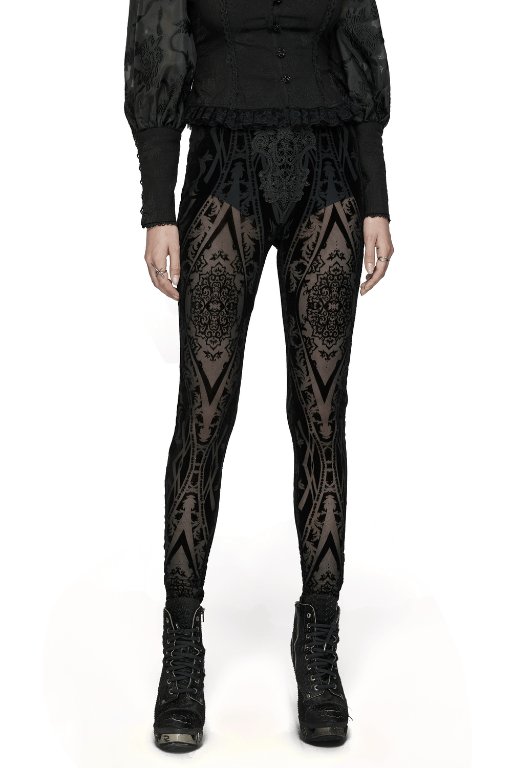 Schicke, gotisch gemusterte Mesh-Leggings und beflockte Details