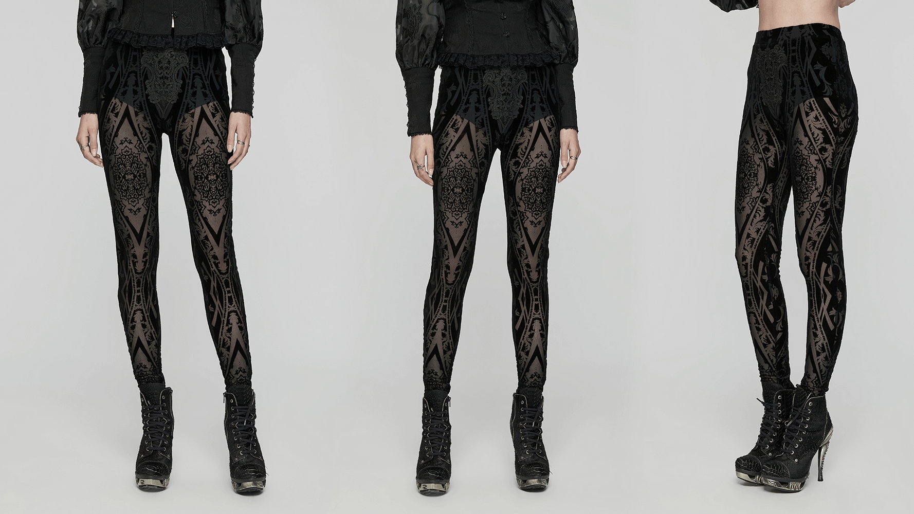 Schicke, gotisch gemusterte Mesh-Leggings und beflockte Details