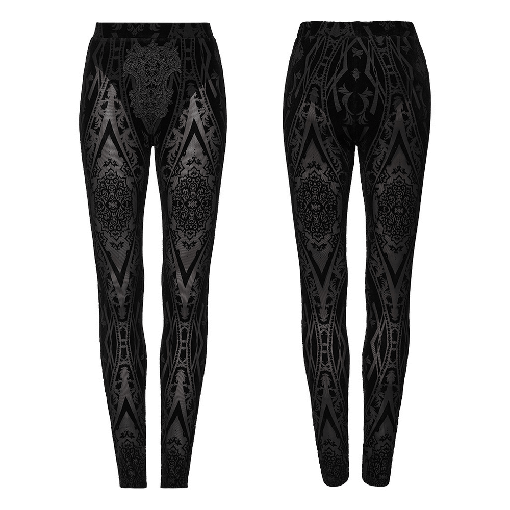 Chic Gothic Patterned Mesh Leggings and Flocked Detailing