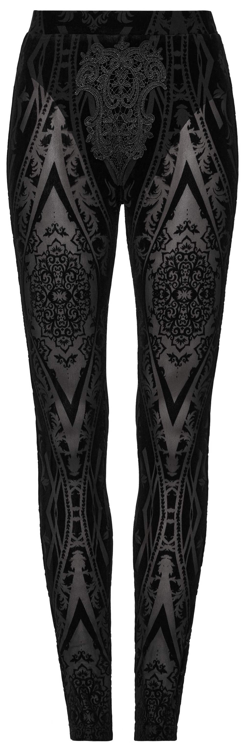 Chic Gothic Patterned Mesh Leggings and Flocked Detailing