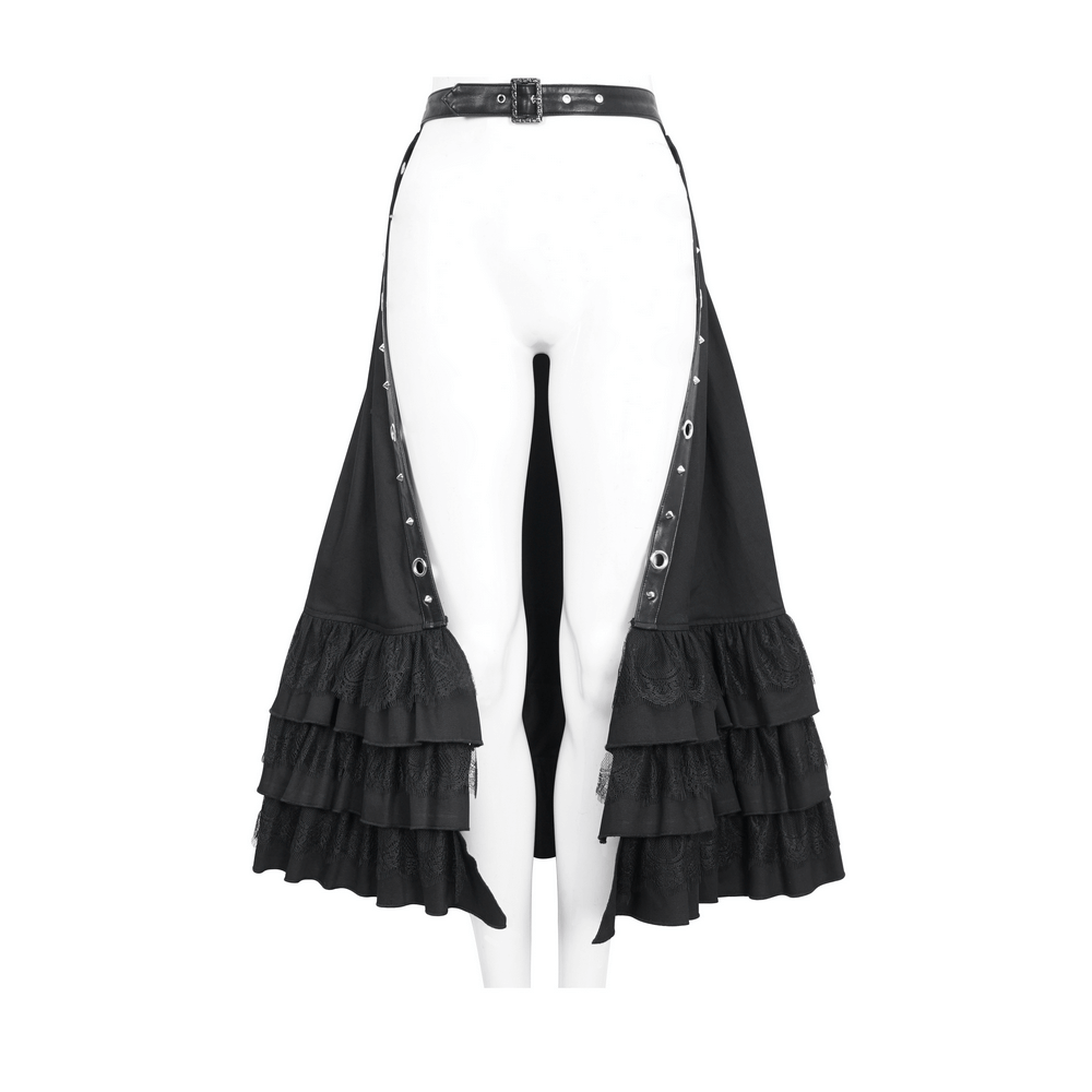 Chic gothic punk open front ruffle hem half skirt with buckle belt and metallic details.
