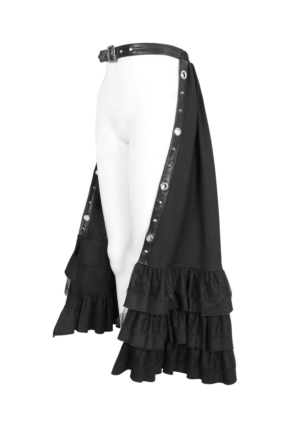 Chic gothic punk black ruffled half skirt with buckle belt and open front design, perfect for stylish evening outfits.