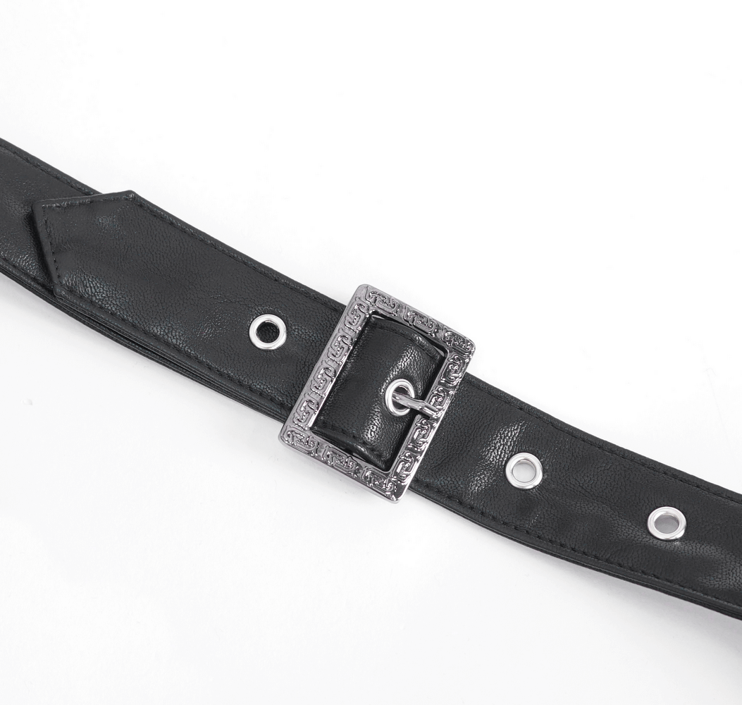 Chic black belt with decorative silver buckle for gothic or punk fashion, perfect for stylish outfits.