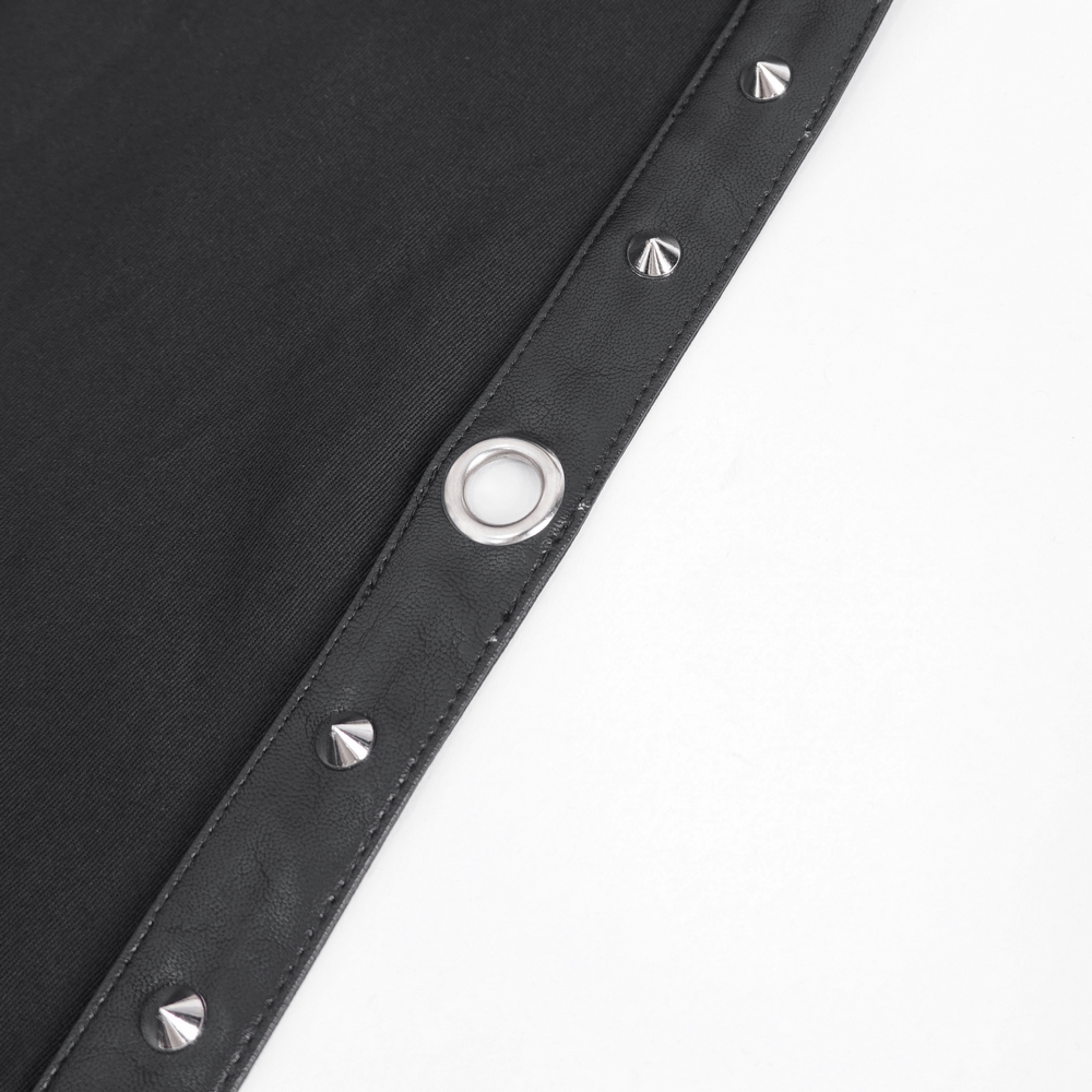 Close-up of the chic black skirt's buckle belt closure with metallic studs and eyelet detail.