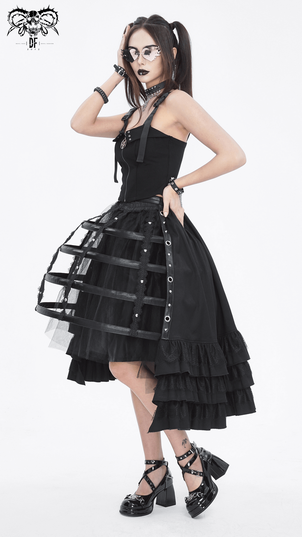 Chic gothic punk black ruffled skirt with buckle details, perfect for stylish evening events.