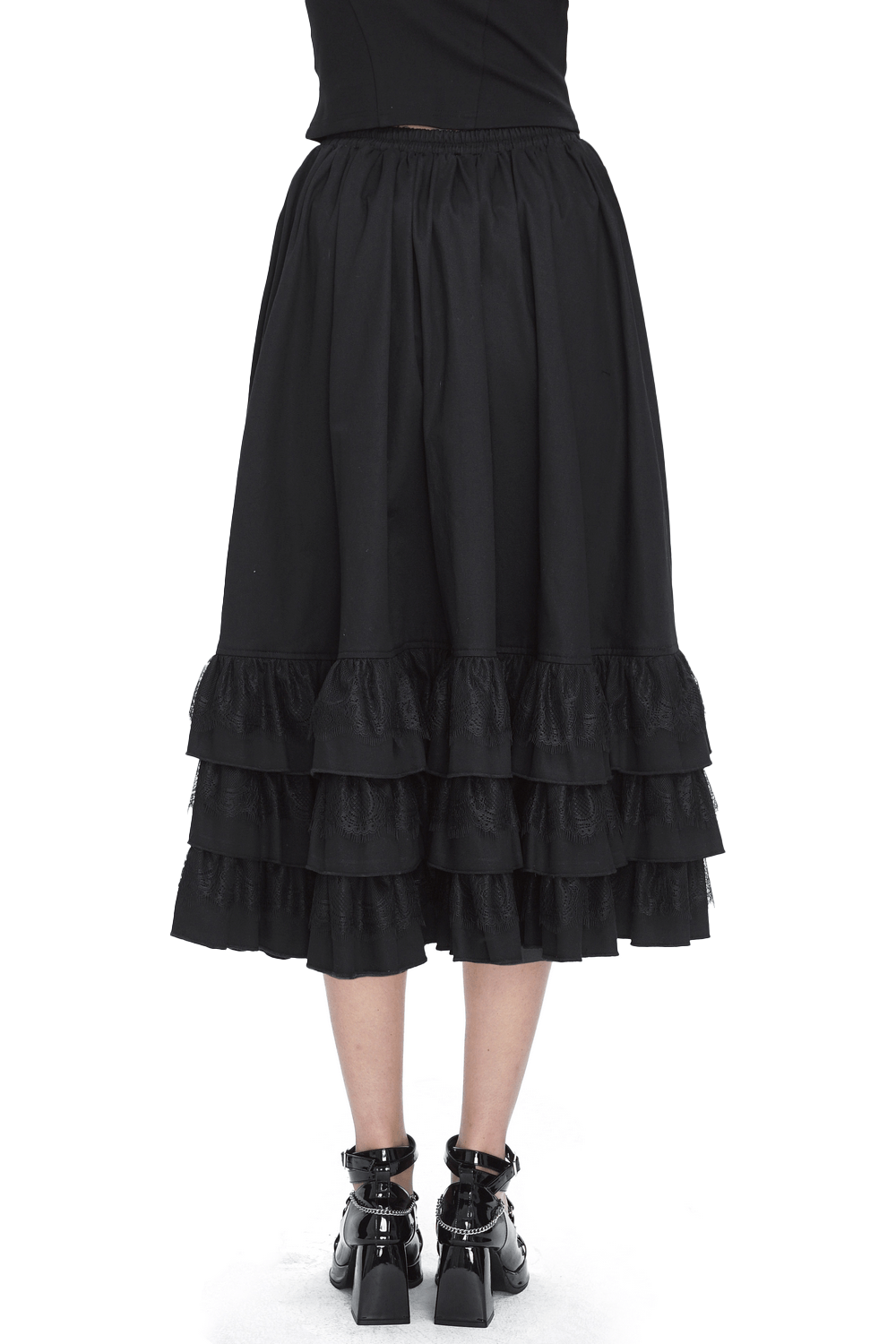 Back view of a chic black gothic punk ruffle hem skirt styled with a buckle belt, perfect for edgy fashion lovers.