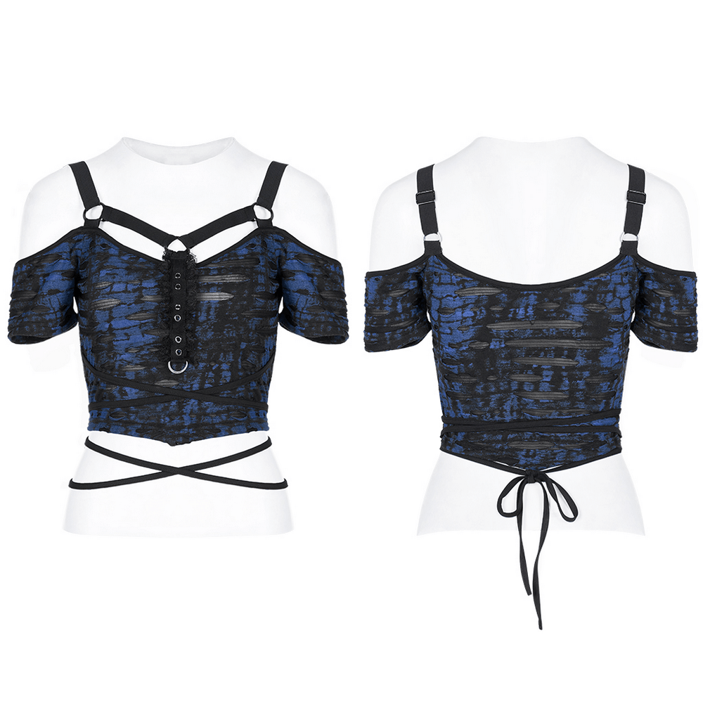 Chic Gothic suspender knit crop tee with tie-waist rope in black and blue, showcasing edgy shoulder straps and unique print.