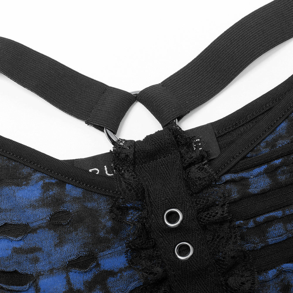 Close-up of black and blue gothic knit crop tee with suspender straps and tie-waist rope details.