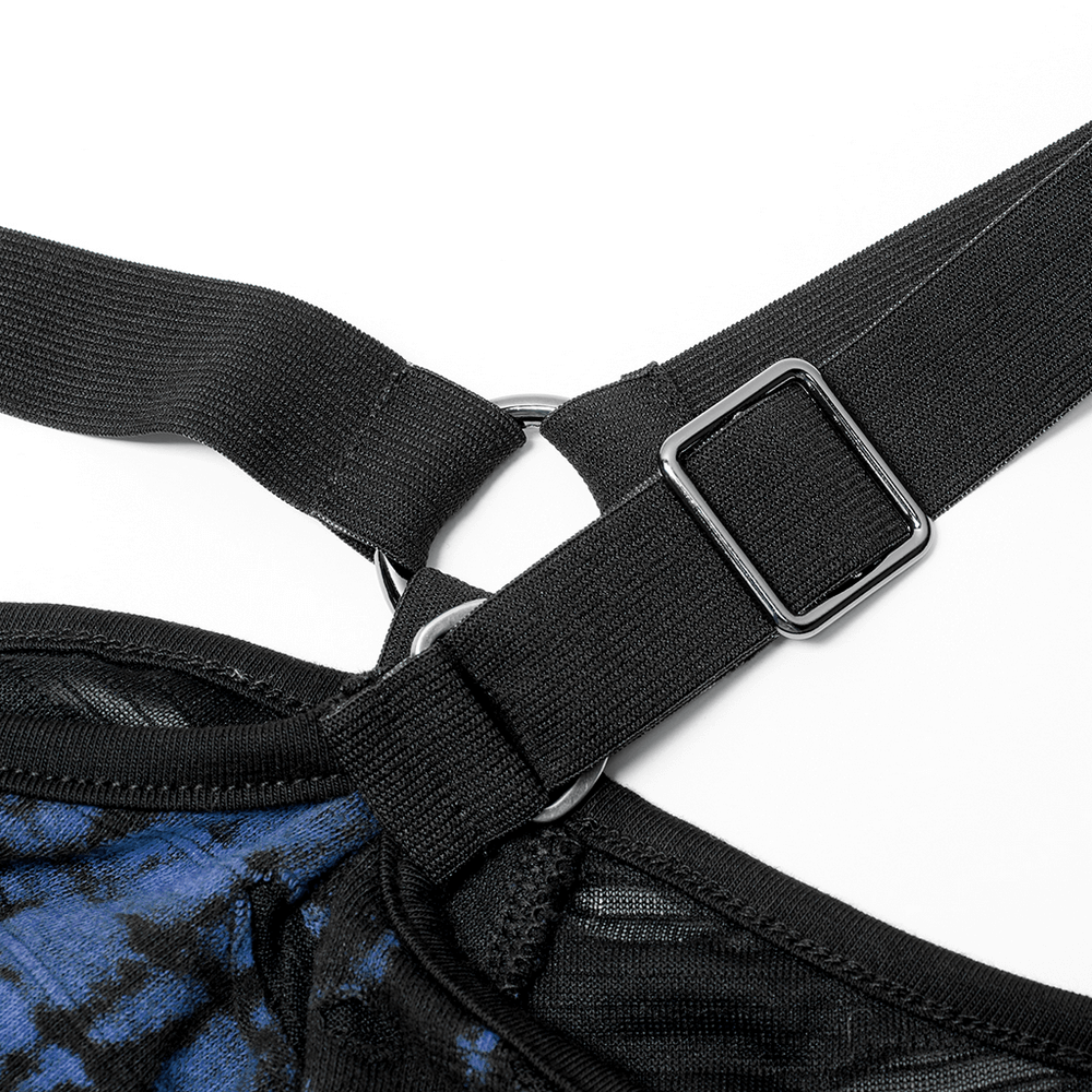 Close-up of goth chic suspender straps with adjustable buckle on a knitted crop tee.