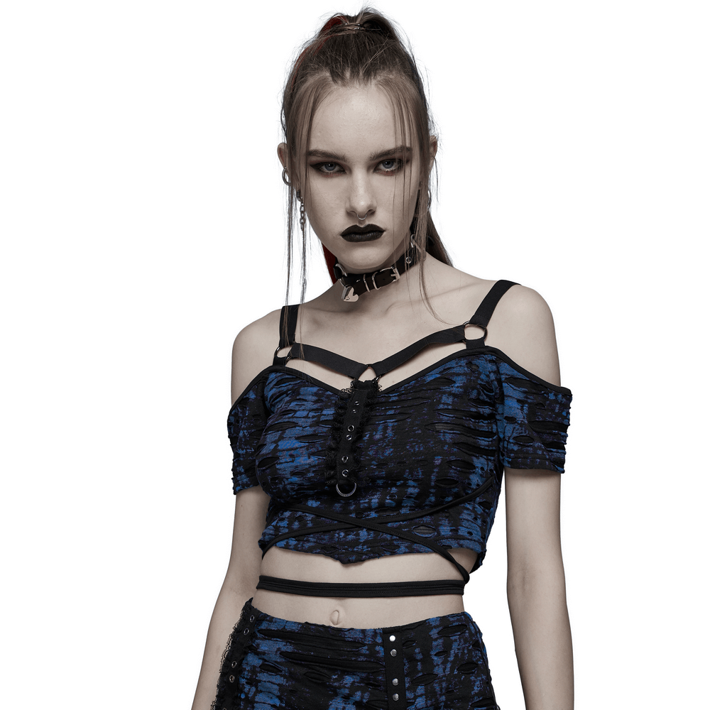 Chic Gothic suspender knit crop tee in blue, featuring edgy straps and a playful tie-waist rope design.