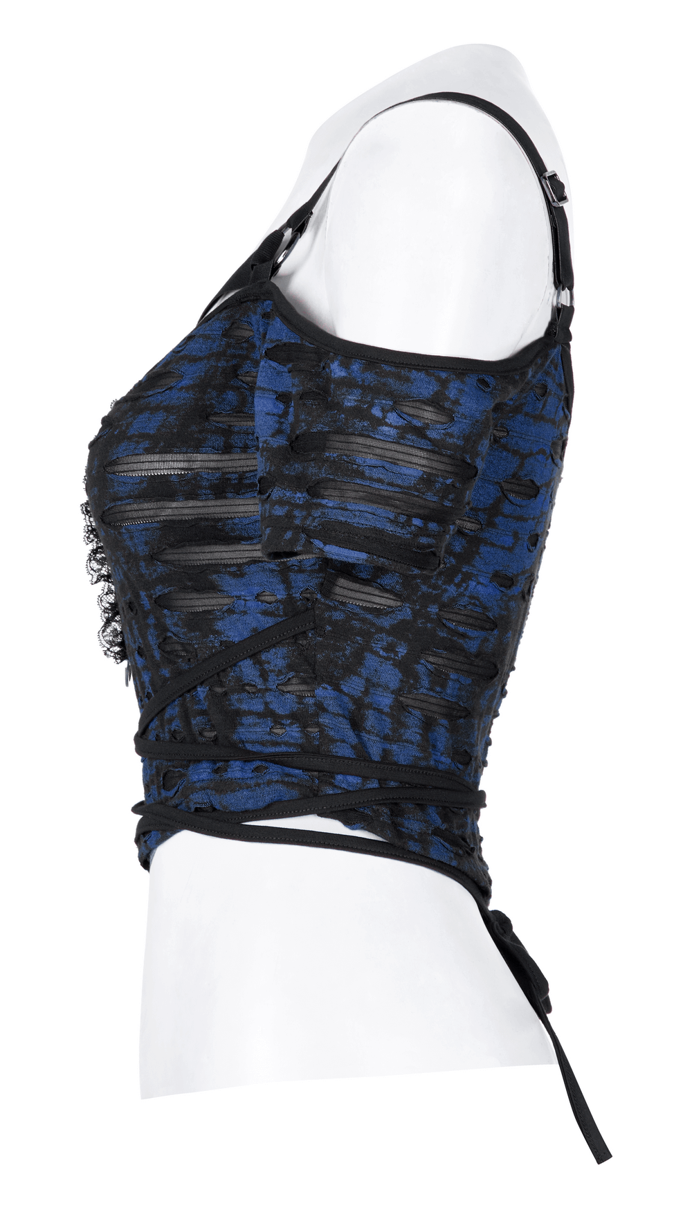 Chic Gothic suspender knit crop tee with tie-waist rope in blue and black, showcasing edgy design and unique texture.