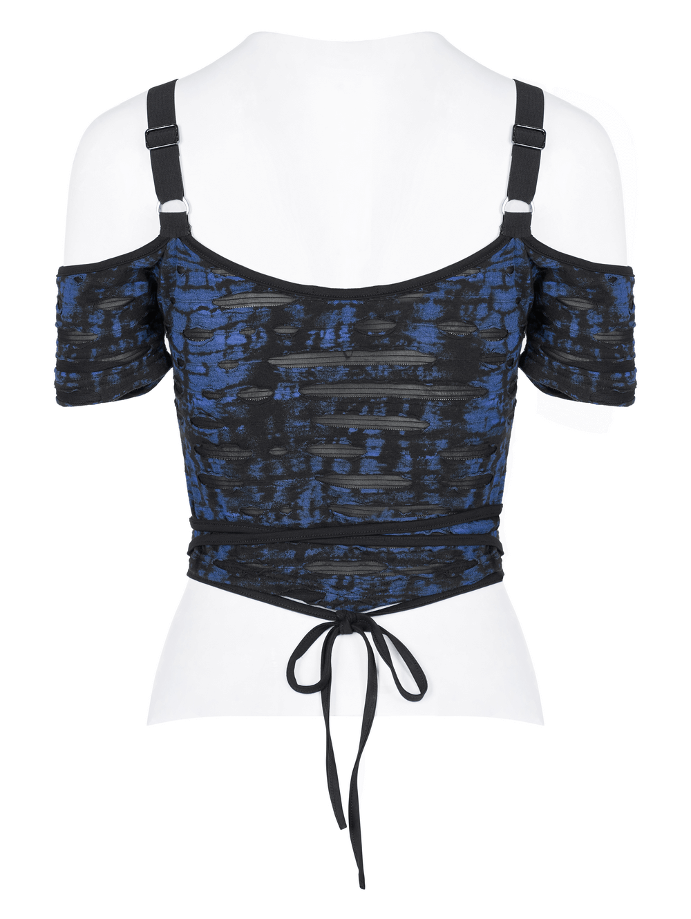 Chic Gothic suspender knit crop tee with tie-waist rope, showcasing unique shoulder straps and textured blue print.