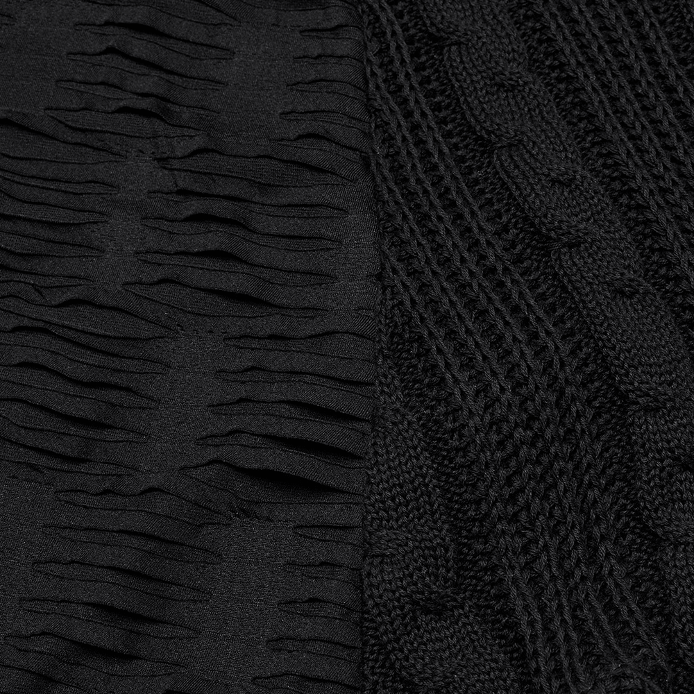Close-up of a chic gothic tattered knit skirt showcasing distressed textures and intricate lace-up details.
