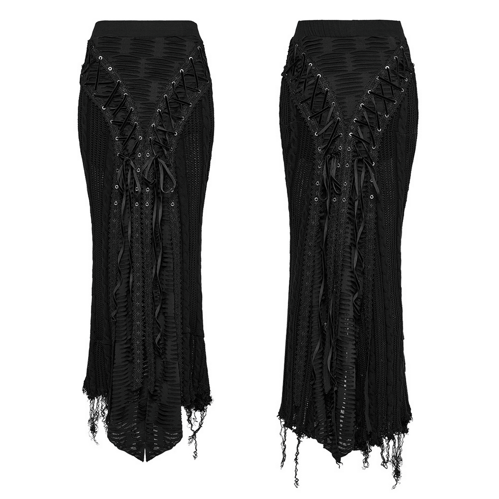 Chic Gothic tattered knit skirt with lace-up details, featuring distressed textures and an edgy asymmetric hemline.