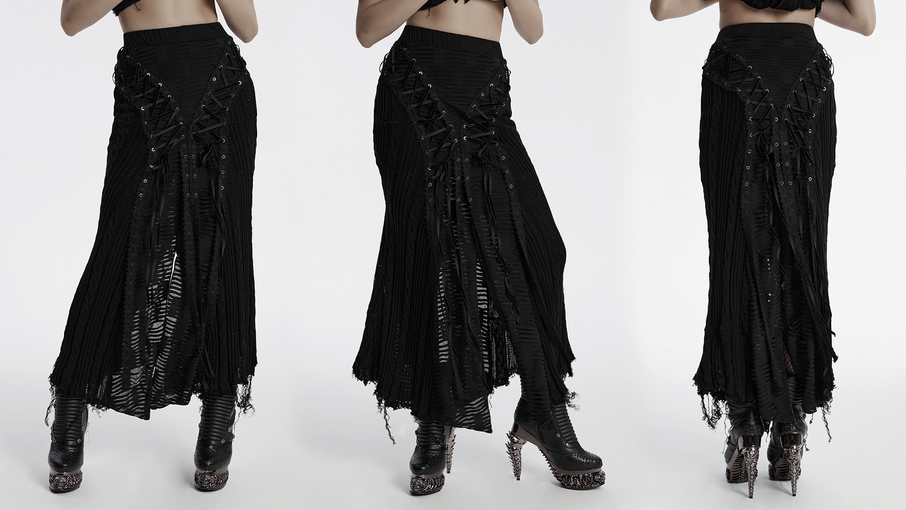 Chic Gothic tattered knit skirt featuring lace-up details and edgy frayed hemline, perfect for a rebellious look.