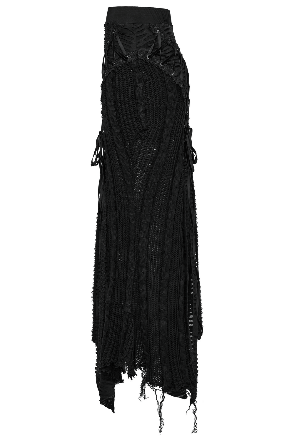 Chic Gothic tattered knit skirt featuring distressed textures and lace-up details, perfect for a dark, edgy style.