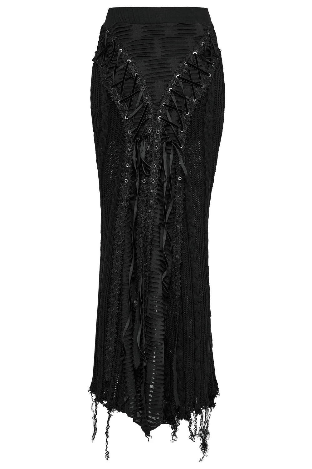 Chic Gothic tattered knit skirt with lace-up details and distressed textures in black.