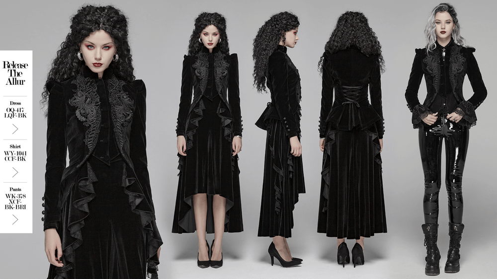 Chic Gothic Weft Velvet Tailcoat featuring lace trim, showcasing a stylish black silhouette from multiple angles.
