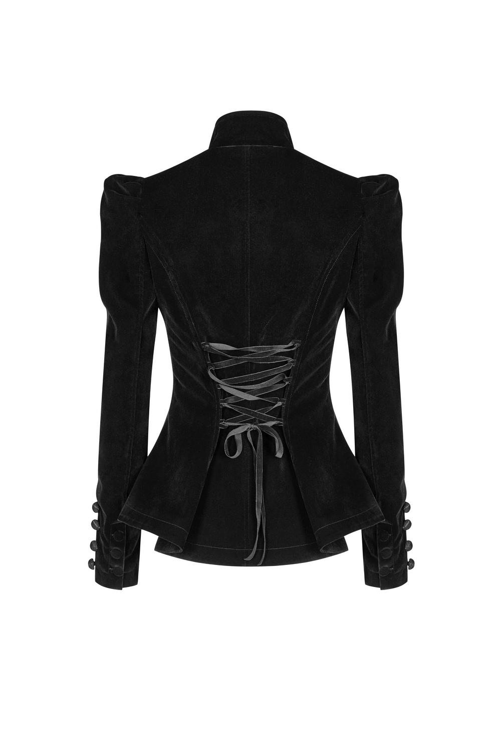 Chic Gothic Weft Velvet Tailcoat showing intricate lace-up back detail and elegant silhouette.