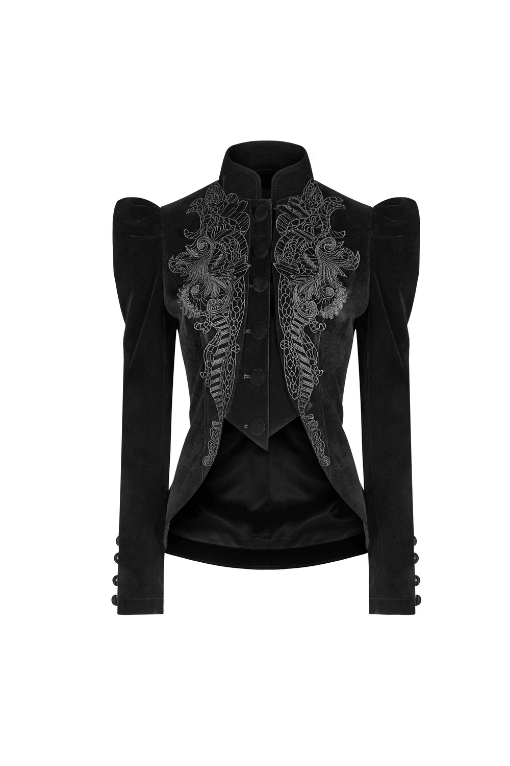 Chic Gothic Weft Velvet Tailcoat with intricate lace trim, showcasing a vintage-inspired black design and elegant silhouette.