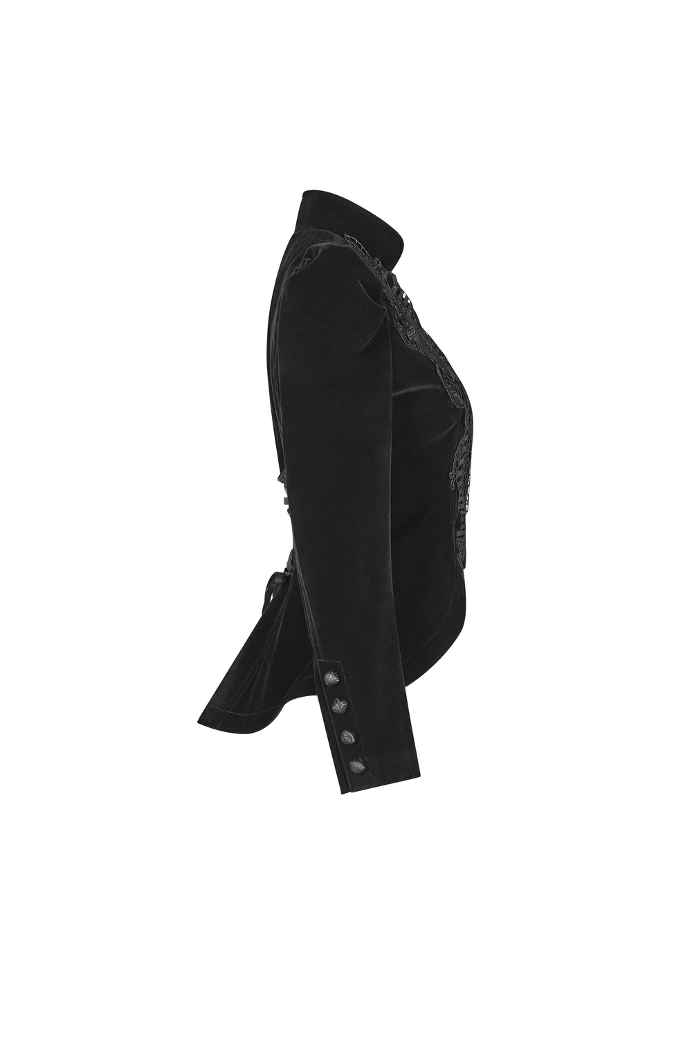 Chic Gothic Weft Velvet Tailcoat with Lace Trim, showcasing luxurious black velvet and intricate lace detailing.