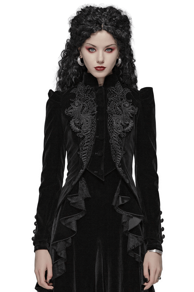 Chic Gothic Weft Velvet Tailcoat with Lace Trim, showcasing luxurious black velvet and intricate lace detailing.