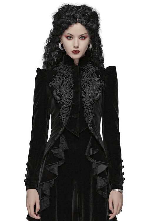 Chic Gothic Weft Velvet Tailcoat with Lace Trim