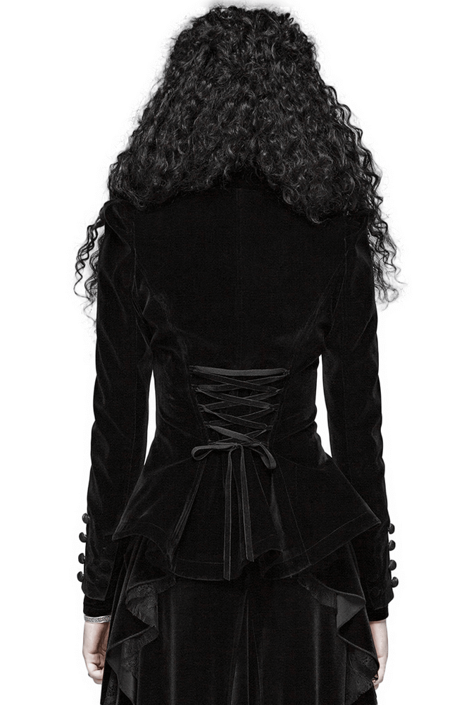 Back view of a chic Gothic velvet tailcoat showcasing lace-up detail and elegant peplum design.