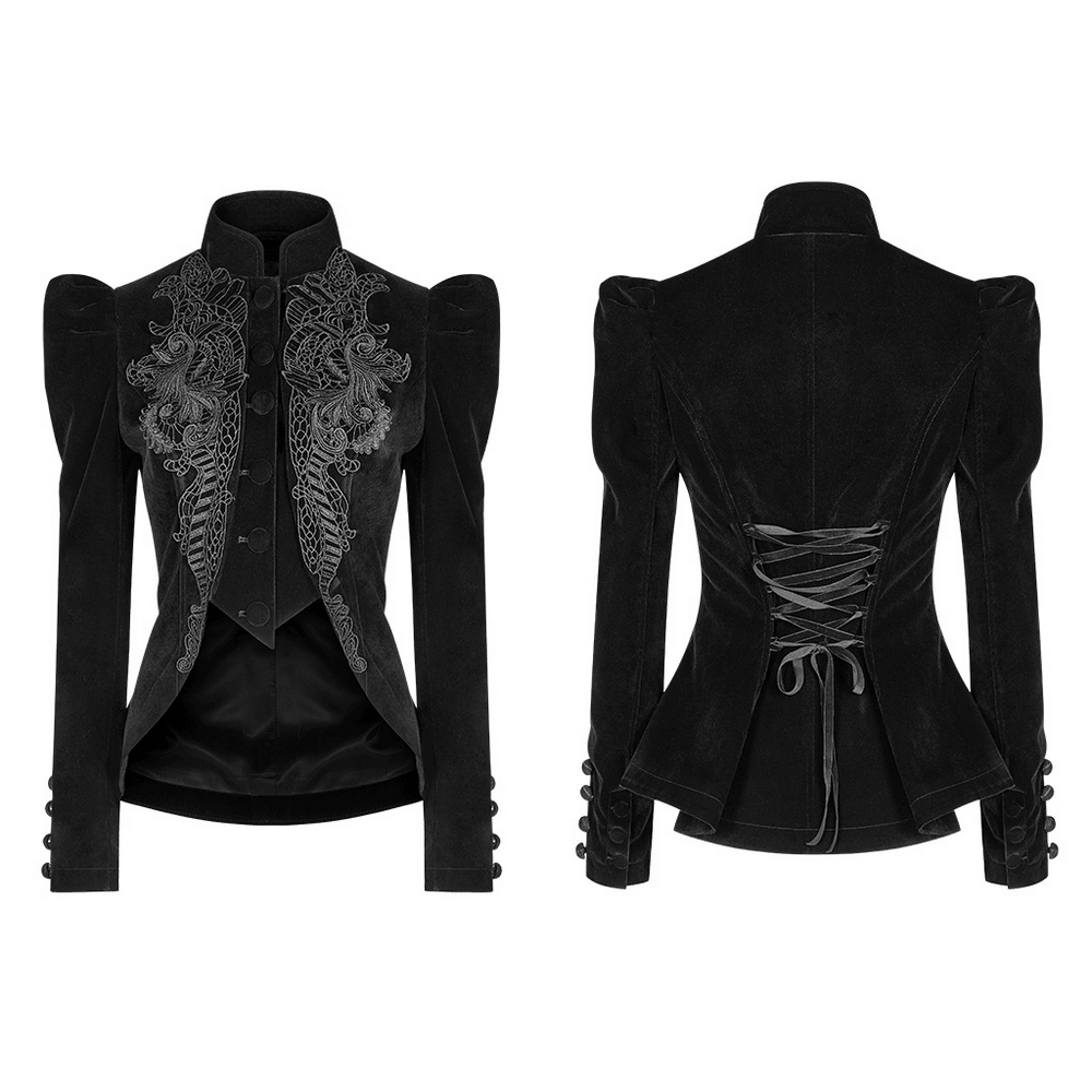 Chic Gothic weft velvet tailcoat featuring intricate lace trim and a fitted silhouette for timeless elegance.