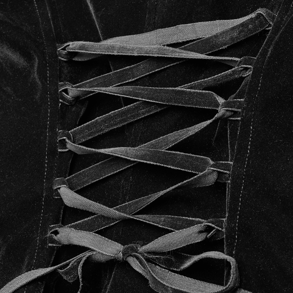 Close-up of intricate black velvet lace-up detail on Gothic Weft Velvet Tailcoat for a chic vintage look.