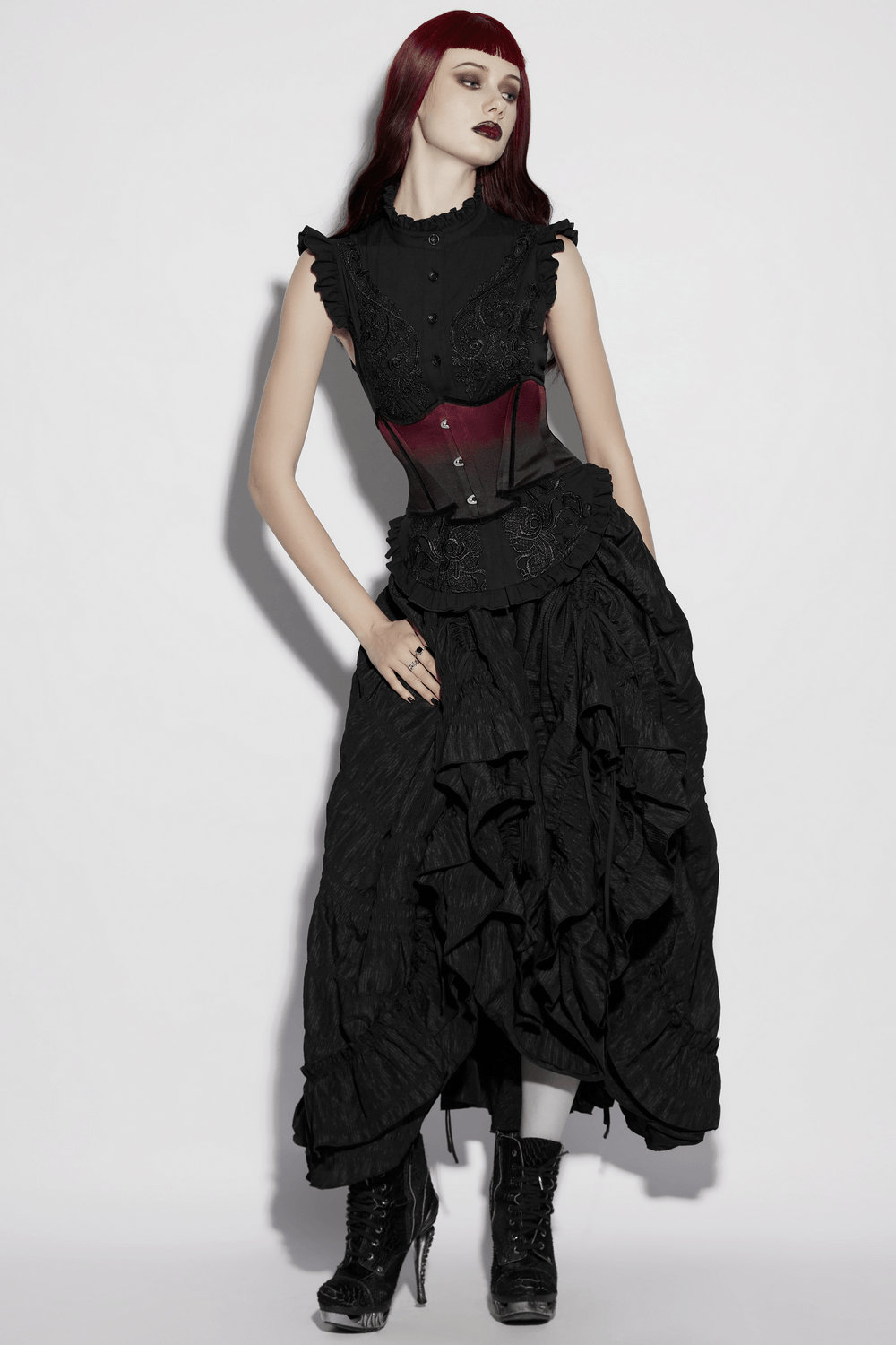 Chic Gradient Bat Wing Underbust Corset for Women worn by model with gothic style outfit and dark makeup.