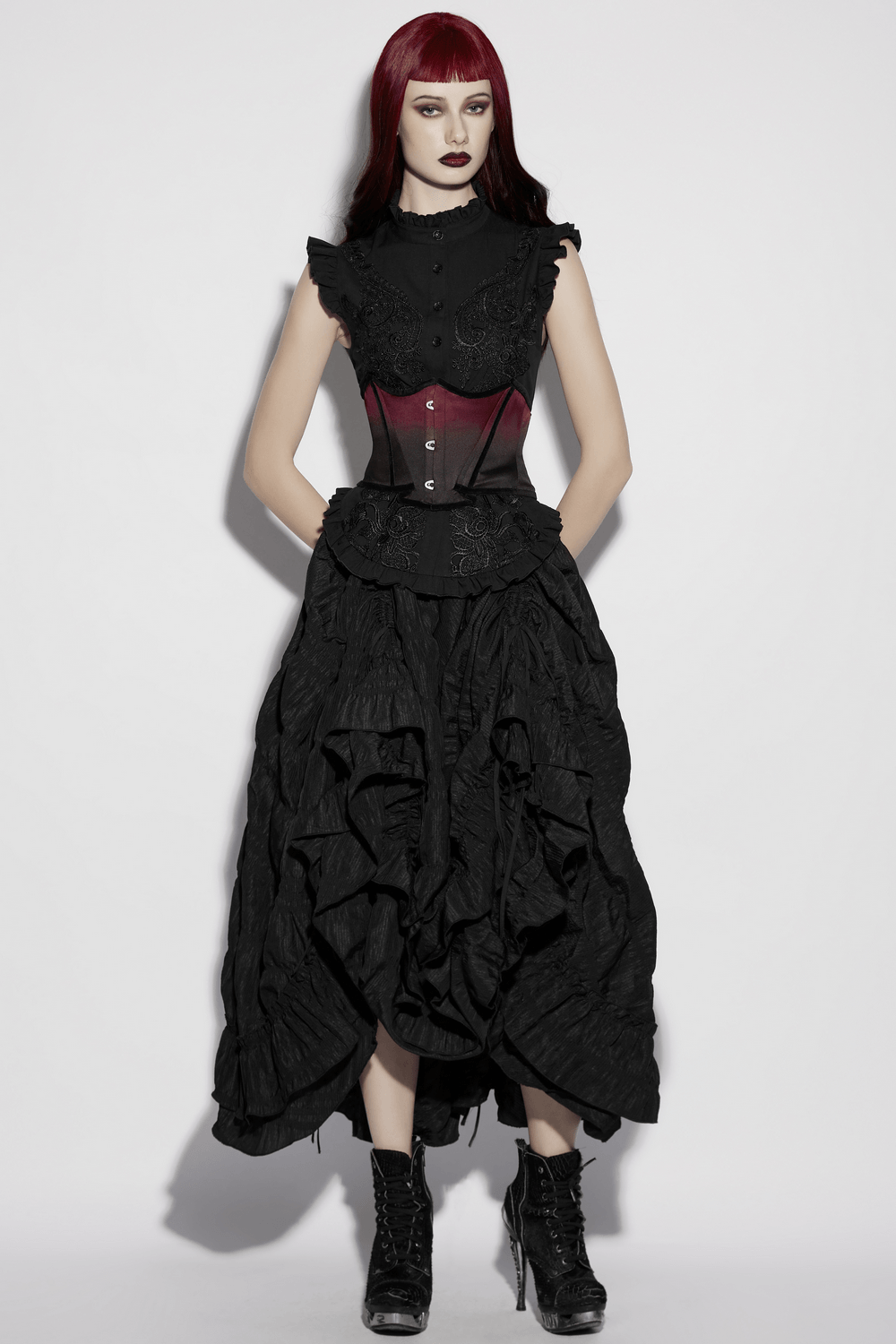 Chic Gradient Bat Wing Underbust Corset for Women model showcasing gothic style with black plum gradient design.