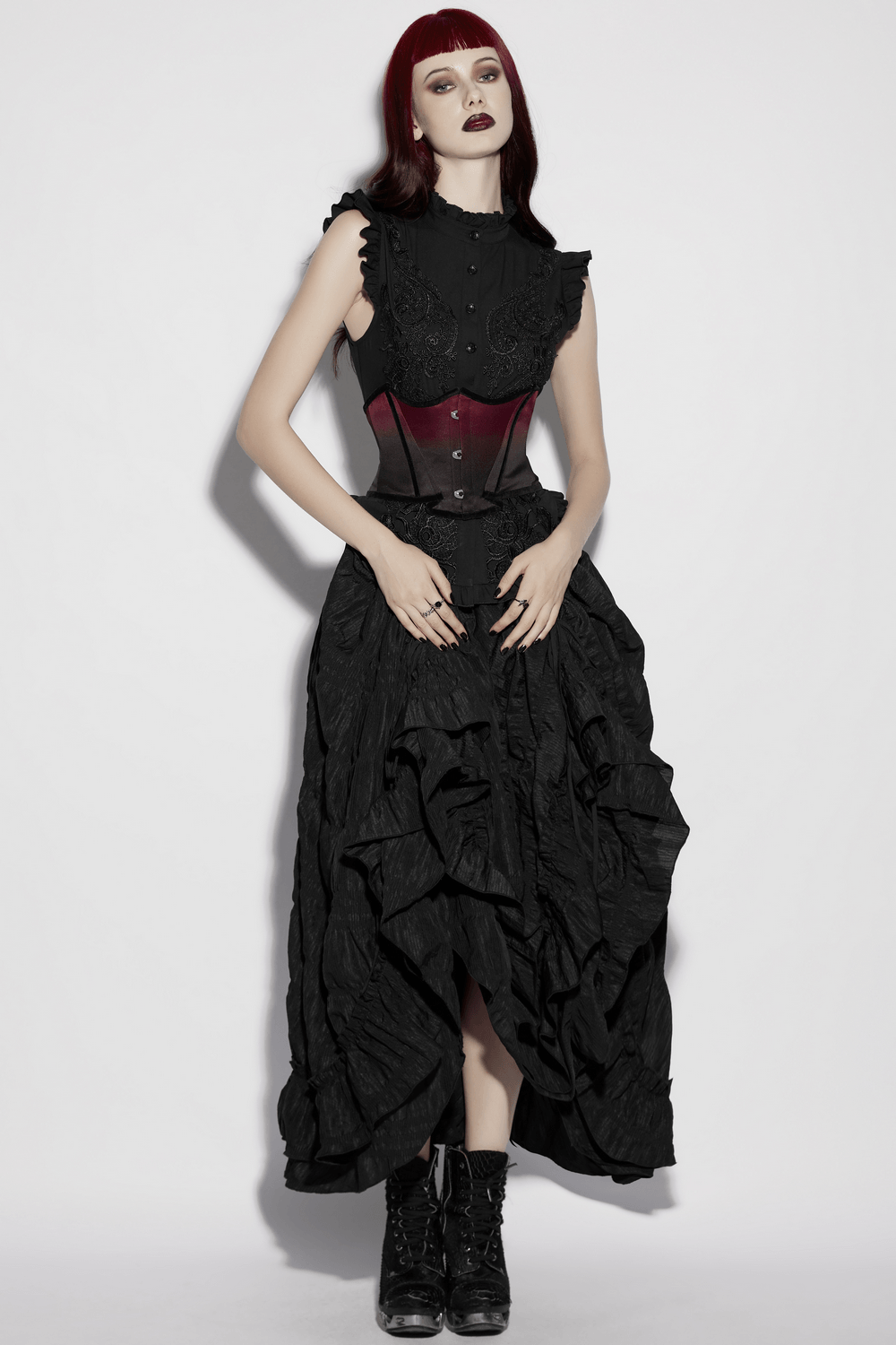 Chic Gradient Bat Wing Underbust Corset for Women modeled with black ruffled skirt and gothic accessories.