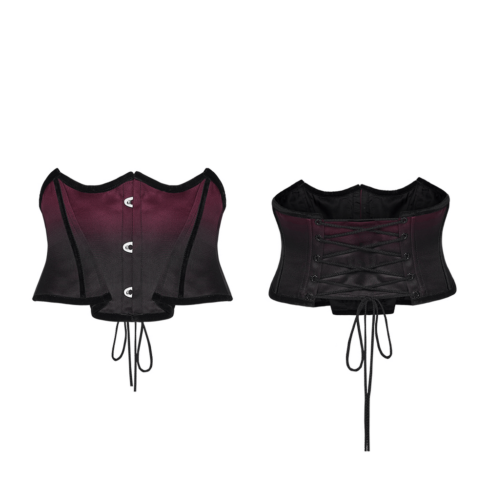 Chic Gradient Bat Wing Underbust Corset for Women showcasing black to plum gradient with bat outline and lace-up back.