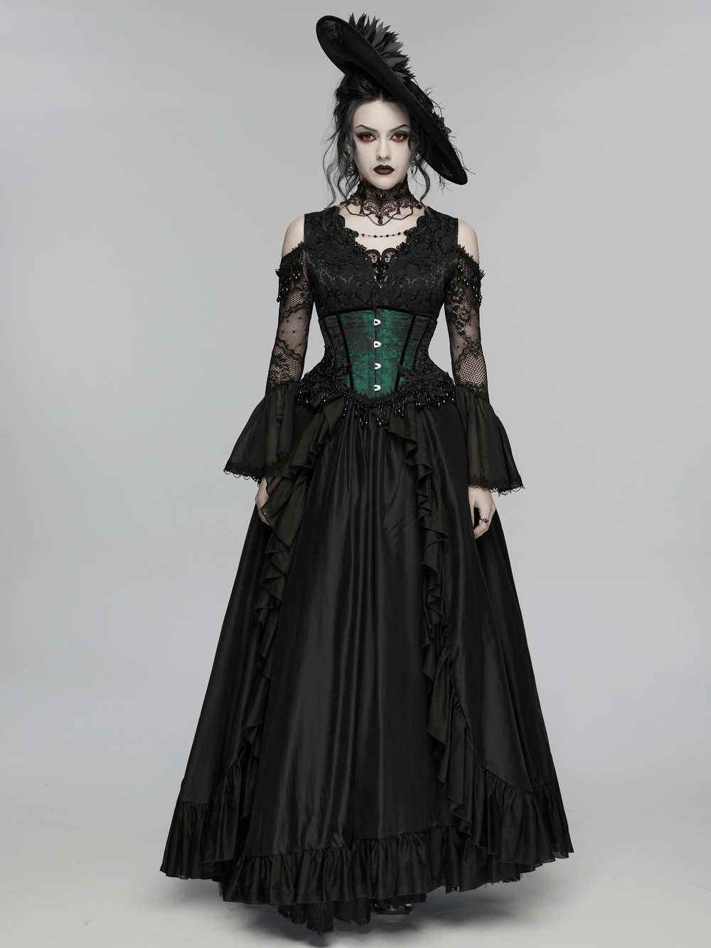 Chic Green Jacquard Goth Underbust Corset and Tassel Trim
