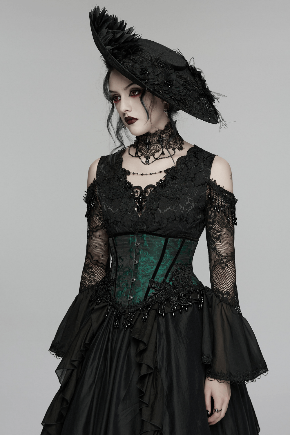 Chic Green Jacquard Goth Underbust Corset and Tassel Trim