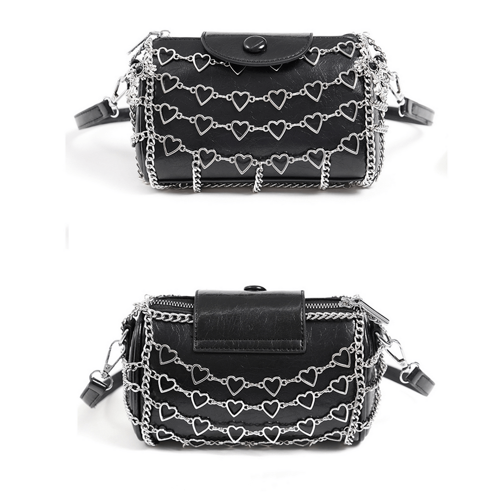 Chic black heart pattern crossbody bag for women with metallic chain detailing, perfect for stylish outings.