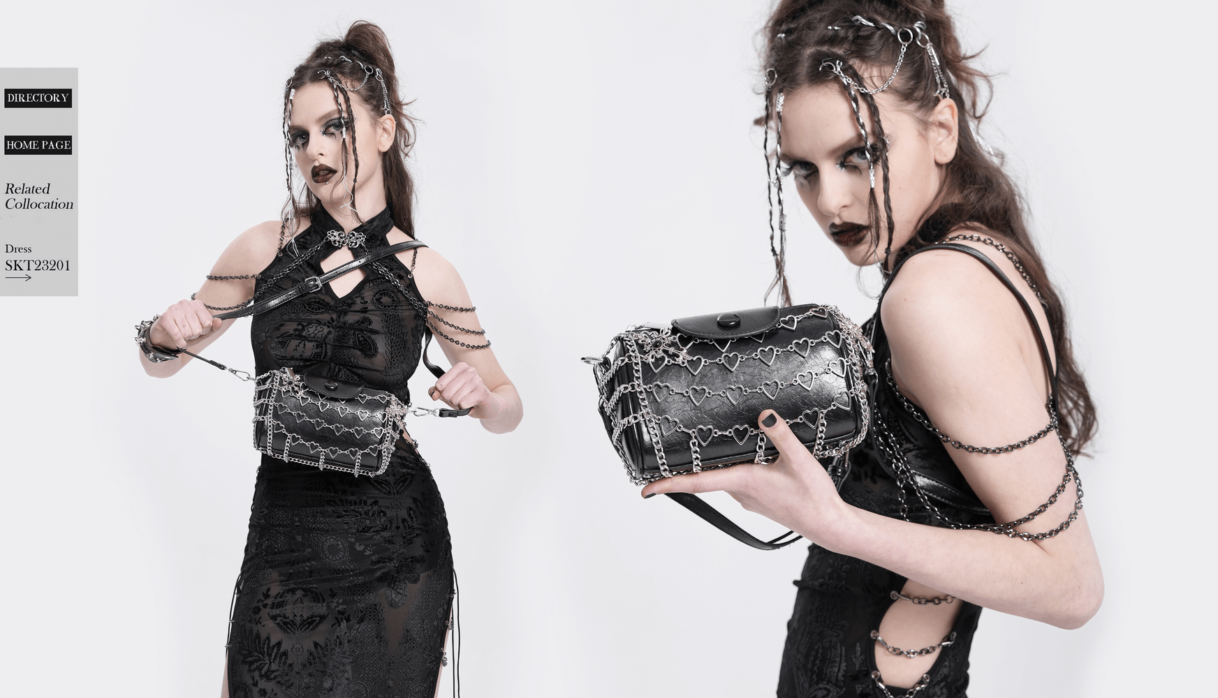 Chic black heart-pattern chain crossbody bag styled with a fashionable black dress, perfect for evening or casual outings.