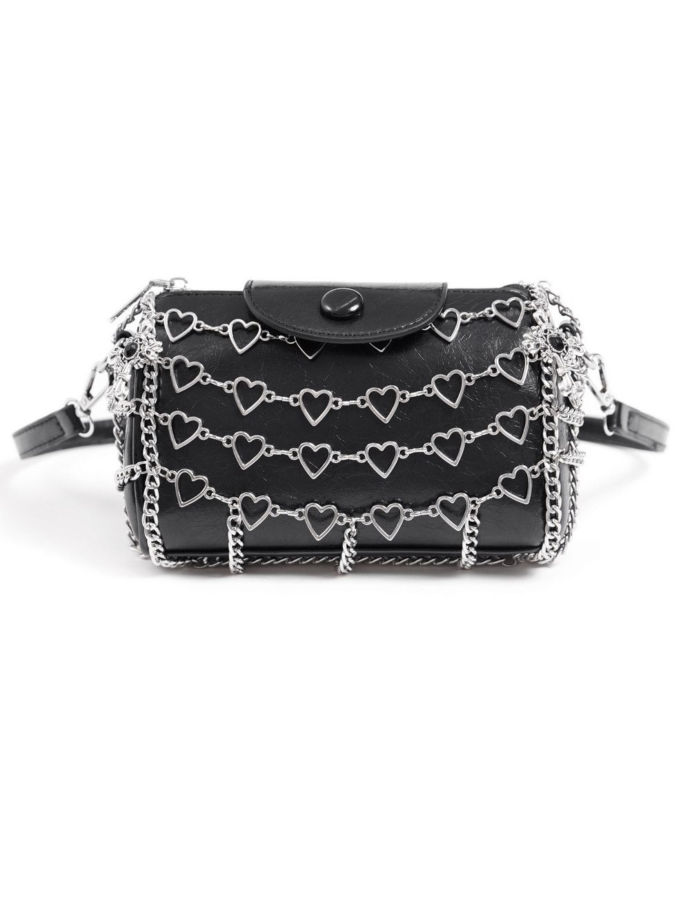 Trendy black heart-pattern chain crossbody bag for women, stylish and practical for every occasion.